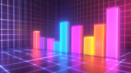 A colorful D bar graph rising on a grid background, with glowing bars representing data growth, and labels indicating different statistics.の素材