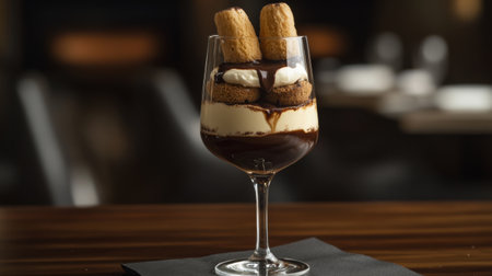 A beautiful presentation of tiramisu in a glass, layered with coffee-soaked ladyfingers and mascarpone cream, drizzled with chocolate sauce, tempting dessert lovers everywhere.の素材