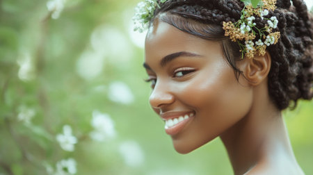 A beautiful woman with intricately braided hair, adorned with delicate flowers, smiling in a natural outdoor setting, showcasing the elegance of her hairstyle.の素材