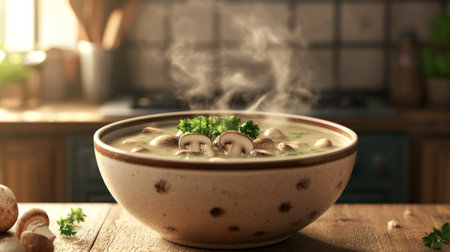 An inviting scene of a steaming bowl of mushroom soup garnished with fresh parsley, set against a rustic kitchen backdrop, showcasing comfort food at its best.の素材