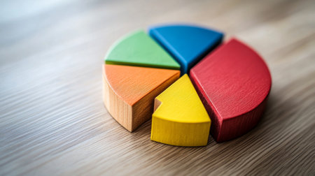 A close-up of a financial pie chart displaying customer demographics, with distinct colors for age groups and gender, arranged on a light wooden background for contrast.の素材