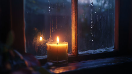 A close-up of a single lit candle on a windowsill, with gentle wax drips and the glow of the flame illuminating the surroundings, evoking a peaceful and cozy atmosphere.の素材
