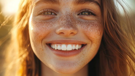 A close-up of a smiling face with glowing skin, showcasing natural beauty and self-care, emphasizing the importance of taking care of one's body.の素材