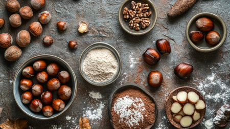 A beautiful flat lay of various chestnut products, including roasted chestnuts, chestnut flour, and candied chestnuts, arranged artfully on a textured background.の素材