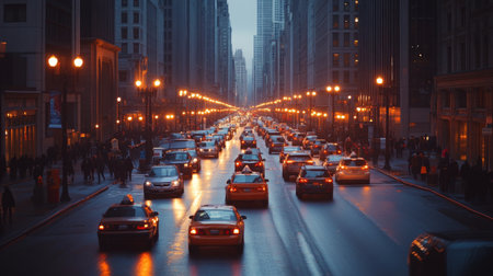 A bustling city street during rush hour, with a long line of cars stuck in traffic, showcasing the daily struggle of commuters and the challenges of urban transportation.の素材