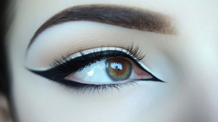 A close-up of beautifully contoured eyes, with perfectly applied mascara and eyeliner, highlighting the intensity and elegance of the woman's natural beauty.の素材