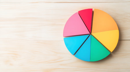 A close-up of a financial pie chart displaying customer demographics, with distinct colors for age groups and gender, arranged on a light wooden background for contrast.の素材