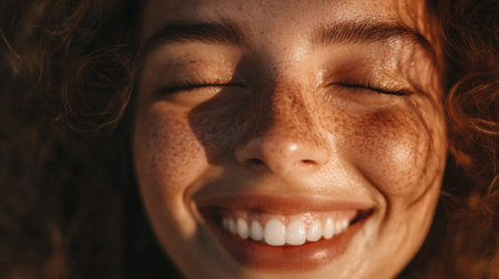 A close-up of a smiling face with glowing skin, showcasing natural beauty and self-care, emphasizing the importance of taking care of one's body.の素材