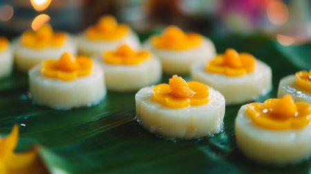 A close-up of traditional Thai desserts made with condensed milk, beautifully presented on a banana leaf, showcasing the cultural significance of this sweet ingredient.の素材