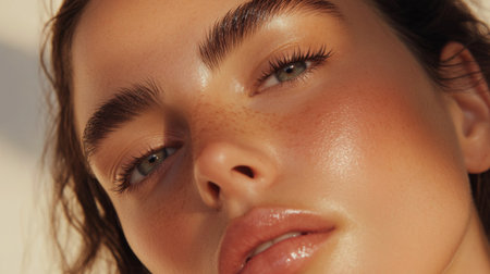 A close-up of arched, bold eyebrows on a woman's face, showcasing her clear skin and minimal makeup, with soft lighting to create a natural look.の素材