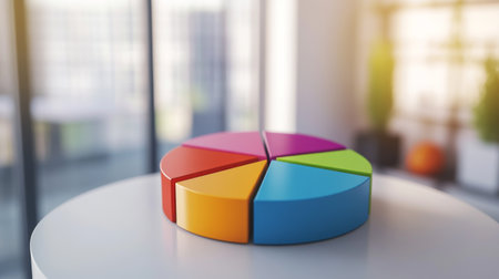 A colorful D pie chart with vibrant segments floating slightly above a white surface, each slice labeled clearly to represent different data categories.の素材