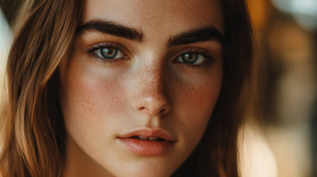 A beauty close-up featuring a woman with light, naturally shaped eyebrows, with soft makeup to enhance her facial features and a blurred background for focus.の素材