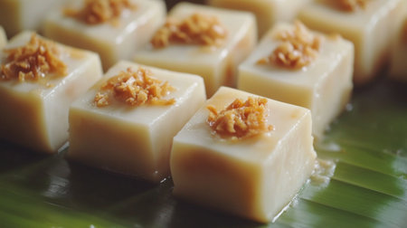 A close-up of traditional Thai desserts made with condensed milk, beautifully presented on a banana leaf, showcasing the cultural significance of this sweet ingredient.の素材