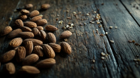 A close-up of raw almonds scattered on a rustic wooden table, showcasing their natural texture and color, with soft lighting enhancing their organic appeal.の素材