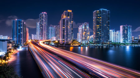 A dramatic nighttime view of a long exposure shot of an expressway, with bright lights creating trails from moving cars, emphasizing the energy and activity of the city.の素材