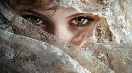 A creative close-up of a woman's face partially covered with a delicate lace scarf, highlighting her striking eyes and the texture of the fabric for a mysterious allure.の素材