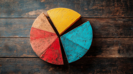 A creative pie chart with textured segments showing sales data, each slice representing a different product line, set against a rustic wooden table background.の素材