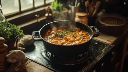 A cozy kitchen scene featuring a bubbling stew in a cast-iron pot on the stove, with aromatic herbs and spices arranged nearby, evoking warmth and comfort.の素材