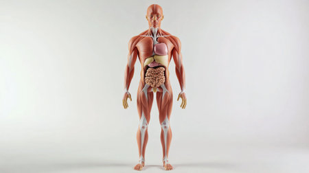 A detailed anatomical illustration of the human body highlighting major organs and systems, set against a clean white background for educational purposes.の素材