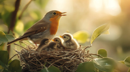 A heartwarming image of a mother bird feeding her chicks in a cozy nest, showcasing the nurturing bond between parent and offspring in a serene outdoor setting.の素材