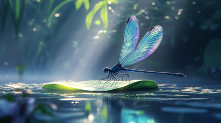 A dynamic scene of a dragonfly resting on a leaf near a serene pond, with its iridescent wings glistening in the sunlight, highlighting the grace of these insects.の素材