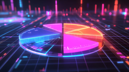 A dynamic D pie chart with glowing neon-colored slices, separated to emphasize individual data points, set against a digital grid background.の素材
