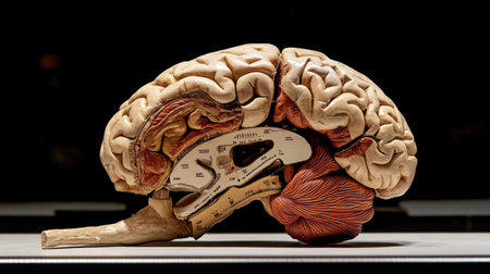 A model of the human brain, showing the different lobes and sections, with labels or color coding for an educational look, isolated on a clean background.の素材