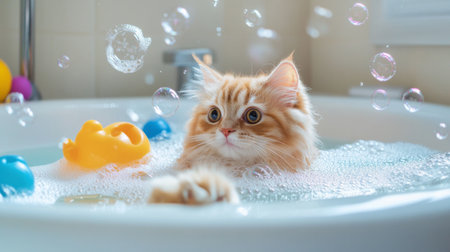 A delightful image of a cat playing with bubbles in a bathtub, surrounded by floating toys, showcasing the fun and playful side of bath time for furry companions.の素材
