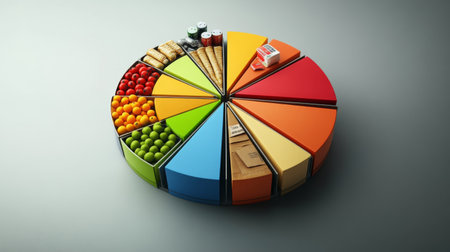 A professional pie chart depicting monthly expense distribution, with bright segments for categories like rent, groceries, and entertainment, set against a simple gray background.の素材