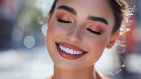 A portrait of a smiling woman with expertly blended eyeshadow and perfectly defined eyebrows, set against a chic urban backdrop that complements her stylish look.の素材