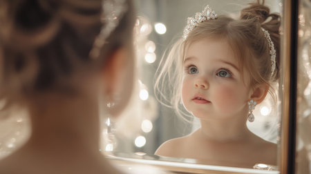 A playful image of a child admiring her mother's diamond earrings in the mirror, capturing a moment of wonder and appreciation for beautiful jewelry.の素材