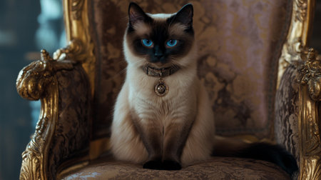 A fluffy Siamese cat wearing a soft velvet collar with a small charm, sitting gracefully on a plush chair, gazing directly into the camera with bright blue eyes.の素材