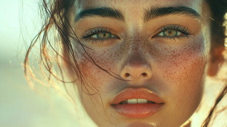 A portrait of a woman with glowing skin and defined facial features, her natural beauty highlighted by minimal makeup and a soft, blurred background.の素材