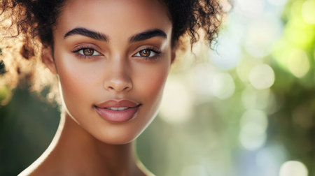 A portrait of a woman with glowing skin and defined facial features, her natural beauty highlighted by minimal makeup and a soft, blurred background.の素材