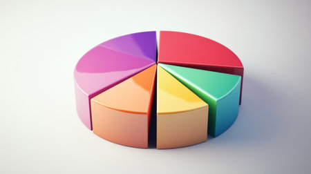 A multi-colored D pie chart in a minimalist style, with sections slightly lifted to show the data split, presented on a clean, white background.の素材
