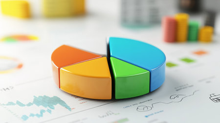 A financial pie chart with green, blue, and orange segments, clearly illustrating budget allocation, set against a white background with subtle financial icons.の素材
