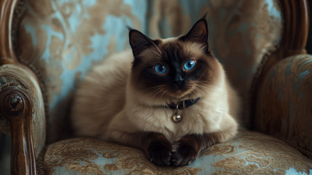A fluffy Siamese cat wearing a soft velvet collar with a small charm, sitting gracefully on a plush chair, gazing directly into the camera with bright blue eyes.の素材