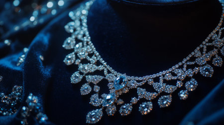 A glamorous close-up shot of an elegant necklace with sparkling gemstones, beautifully displayed against a velvet background, highlighting its intricate details and luxury.の素材