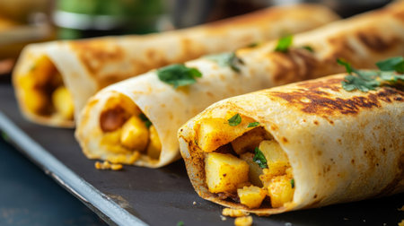 A dynamic shot of a street vendor serving freshly made dosas filled with spiced potatoes, with the hustle and bustle of the market in the background, showcasing street food culture.の素材