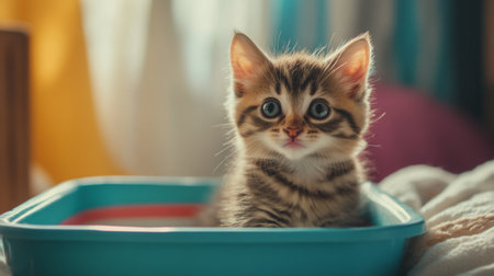 A playful shot of a curious kitten exploring a colorful litter box, with soft fur and bright eyes, capturing the innocent curiosity of young cats in a home setting.の素材