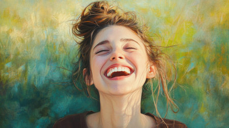 A playful portrait of a woman with a messy bun and a few loose strands, laughing and enjoying a sunny day at the park, embodying a carefree and natural beauty.の素材