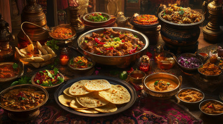 A lively celebration scene featuring a buffet table with an array of Indian dishes and a centerpiece of freshly made rotis, highlighting the festive spirit of communal dining.の素材