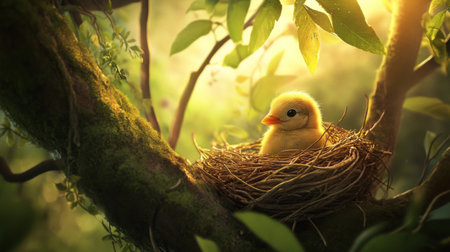 A picturesque scene of a baby bird peeking out from a nest made of twigs and grass, nestled safely in a tree, highlighting the beauty of wildlife and habitat.の素材