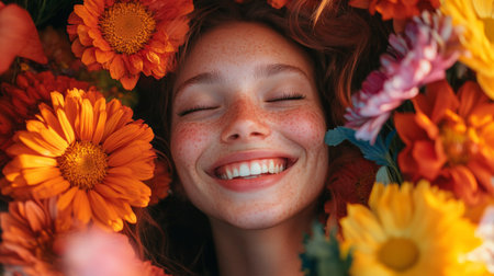 A joyful image of a woman surrounded by colorful flowers, her face lit up with a bright smile, capturing the beauty of nature and the joy of life.の素材