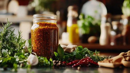 A spicy condiment jar filled with homemade chili paste, surrounded by fresh herbs and whole spices, set on a kitchen counter with a warm, inviting atmosphere.の素材