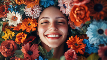 A joyful image of a woman surrounded by colorful flowers, her face lit up with a bright smile, capturing the beauty of nature and the joy of life.の素材