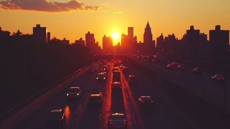 A serene sunset scene captured from an expressway overpass, with silhouettes of cars and the skyline in the background, creating a tranquil moment amidst the busy city.の素材