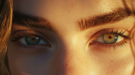 A natural beauty shot focusing on thick, bushy eyebrows on a young womans face, emphasizing the trend of full, untrimmed brows with soft natural lighting.の素材