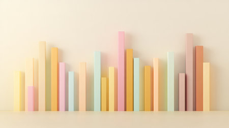 A minimalist D bar graph with pastel-colored bars rising from a flat surface, with subtle shadows and axis labels, symbolizing smooth growth trends.の素材