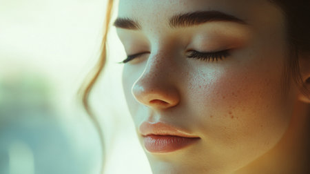 A serene womans face with flawless skin and a peaceful expression, her soft makeup highlighting her natural beauty, set against a blurred background.の素材